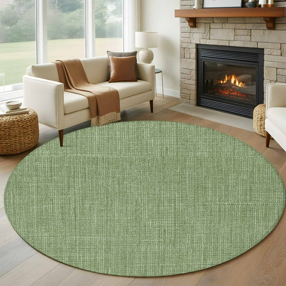 Grass Green 5ft Round Rug, Farmhouse Burlap Solid Green Color Modern Linen Texture Non-Skid Rubber Backing Large Area Rugs - Living Room Bedroom Home Office, Indoor Floor Mat Carpets Washable Rug