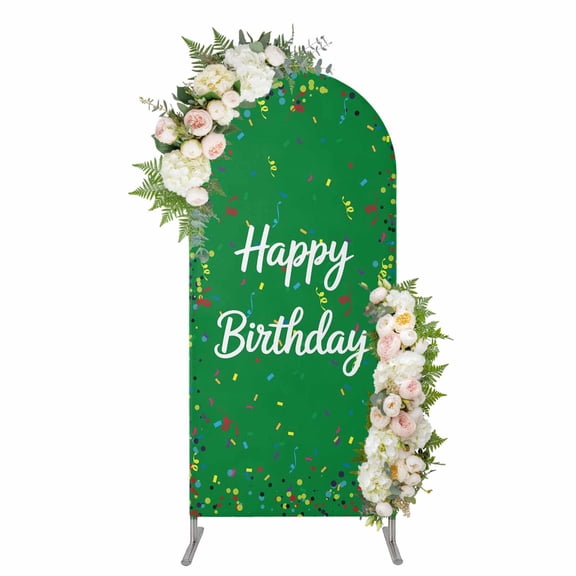 Grass Green Birthday Arch Backdrop Cover 4FT, Colorful Confetti Ribbons Polka Dots Classroom Spandex Fitted Stretchy Arch Stand Covers, Round Top Chiara Backdrop Cover for Wedding Party Birthday