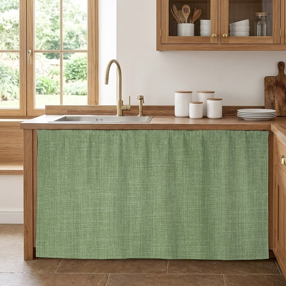 Grass Green Cabinet Curtains 28"W x 51"L, Farmhouse Burlap Solid Green Modern Linen Texture Sink Skirt for Bathroom Kitchen Self Adhesive, Desk Privacy Short Curtain for Sink Under Counter Classroom