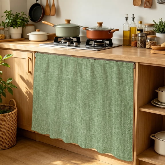 Grass Green Cabinet Curtains 35"W x 35"L, Farmhouse Burlap Solid Green Modern Linen Texture Sink Skirt for Bathroom Kitchen Self Adhesive, Desk Privacy Short Curtain for Under Sink Classroom Closet