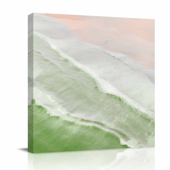 Grass Green Canvas Wall Art for Living Room, Gradient Sea Waves Sandy Beach Coastal Scenery Poster Print Painting for Bedroom Office Home Decoration Wall Pictures Prepare To Hang 8"x8"