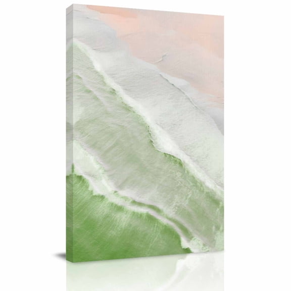 Grass Green Canvas Wall Art for Living Room, Gradient Sea Waves Sandy Beach Coastal Scenery Wall Decor Framed Artwork Pictures Ready to Hang for Bedroom Office Home Decor