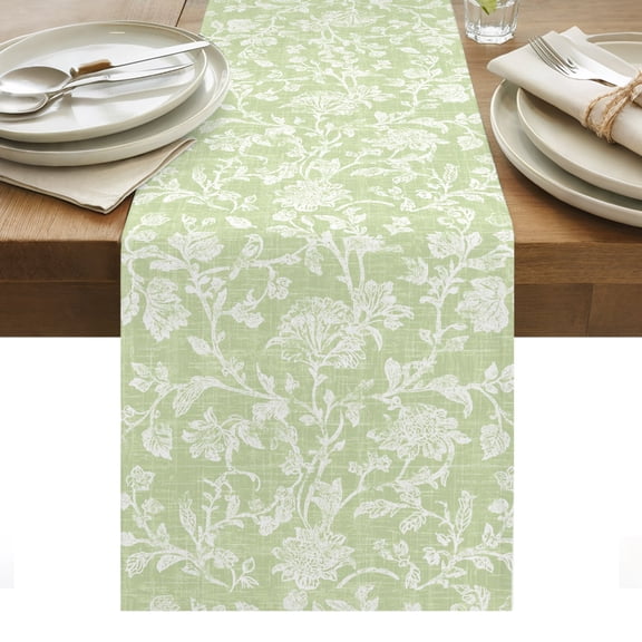 Grass Green Floral Table Runner, Pastoral White Petal Leaf Botanical Linen Washable Kitchen Table Runners Dress Scarves for Dining Table Decorations Party/Restaurant/Indoor Outdoor Use, 18x72in