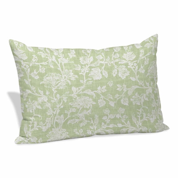 Grass Green Floral Throw Pillow Covers, Pastoral White Petal Leaf Botanical Linen Decorative Lumbar Throw Pillowcase Cushion Cover with Smooth Hidden Zipper for Bedroom Sofa 12 x 20 Inches
