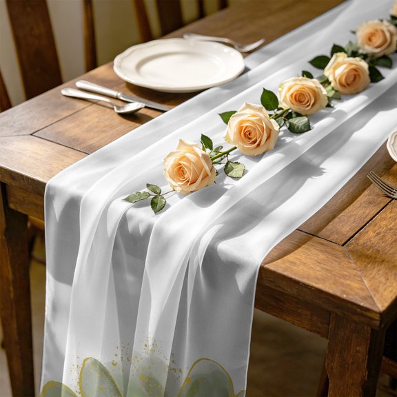 Grass Green Gold Flower 4.5 ft Cheesecloth Table Runner for Wedding 19"x55", Green Gradient Vintage Abstract Line Kitchen Dinner Sheer Tulle Chiffon Dresser Scarf, Holiday Party Decorations