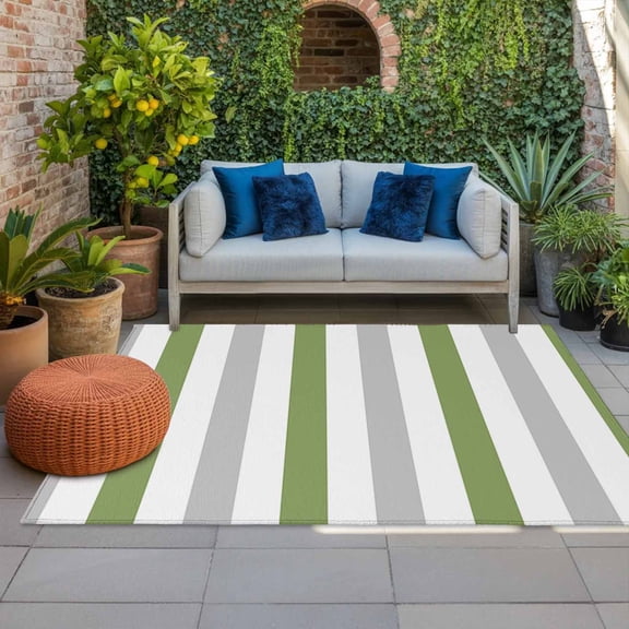 Grass Green Grey Stripe Indoor Outdoor Rugs 4x6 Ft, Classic Modern Outdoor Patio Rugs Mat Washable Outside Area Rugs Carpet for Porch Deck RV Camping Pool Balcony Backyard