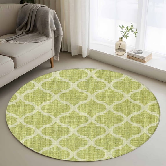 Grass Green Morocco Round Area Rug 4ft, Ethnic Geometric Quatrefoil Lattice Washable Non-Slip Circle Rugs for Bedroom Living Room Kitchen, Soft Non Shedding Circle Carpet for Dining Room Dorm