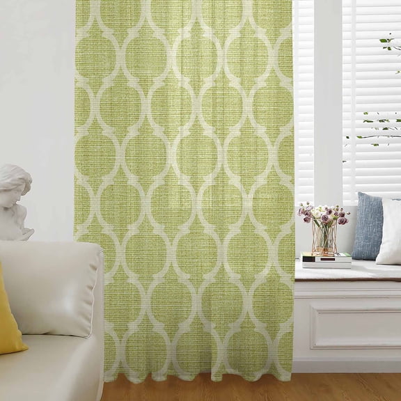 Grass Green Morocco Sheer Curtains 54 Inches Long for Living Room/Bedroom, Ethnic Geometric Quatrefoil Lattice Rod Pocket Voile Kitchen Curtains & Drapes Window Treatment 1 Panel, 52"W x 54"L