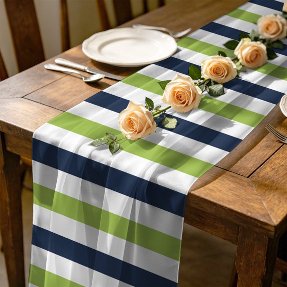 Grass Green Navy Blue Striped 10 ft Cheesecloth Table Runner for Wedding 27"x120", Modern Kitchen Dinner Sheer Tulle Chiffon Dresser Scarf, Holiday Party Decorations