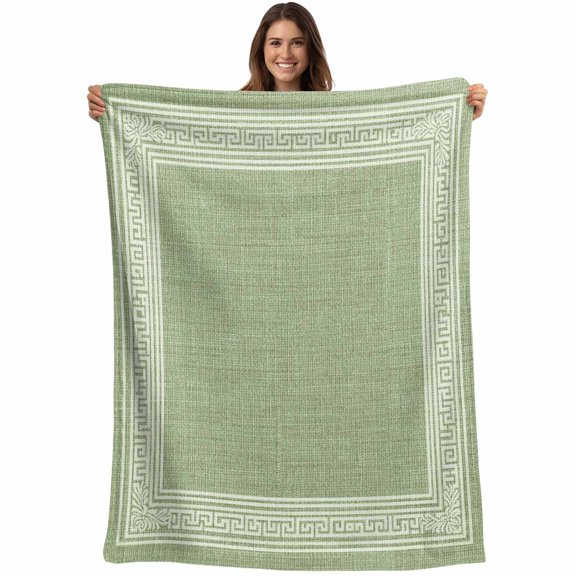 Grass Green Retro Greek Key Blanket Soft Cozy Warm Throw Blanket for Couch, Plush Fuzzy Flannel Fleece Blankets for Sofa, Geometric Greece Ancient Rustic Bed Blankets Gifts for Men, 50"x60"