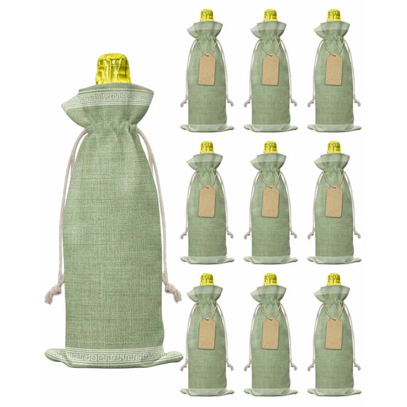 Retro Key Image Grass Green Retro Greek Key Burlap Wine Bags 10 PCS, Geometric Greece ...