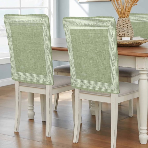 Grass Green Retro Greek Key Chair Back Covers, Geometric Greece Ancient Rustic Removable Chair Covers for Dining Chairs Set of 8, Chairs Slipcovers Back Seat Protector for Wedding Party 19"x20"