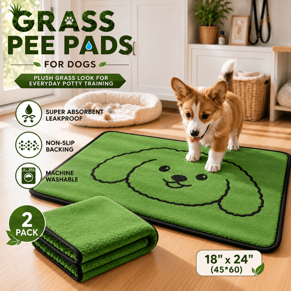 Grass Pee Pads for Dogs Reusable Puppy Pads Washable Pee Pads 18" x 24" 2 Pack Absorbent Leak Proof Plush Grass Look Potty Training Mat Non Slip Backing