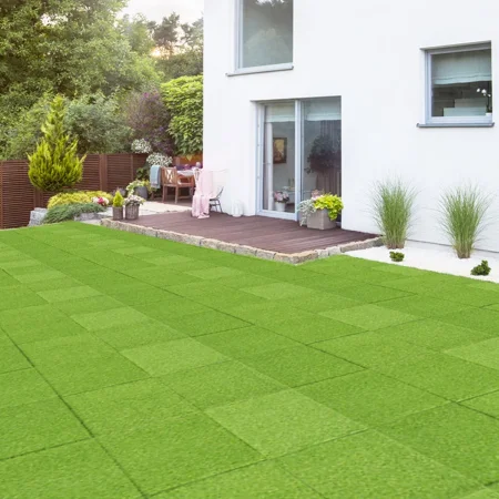 Domi Outdoor Living Patio Deck Tiles, 12.22 x 12.22 inches Composite Interlocking Carpet Decking Grass, Four Slat Plastic Outdoor Flooring, 9 Pieces, Green