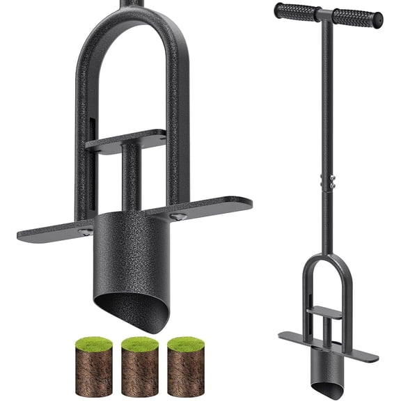 Lawn Grass Plugger with Long Handle - Steel Bulb Planter Tool with Soft Rubber Grip for Turf Repair, Seedling Transplant & Digging Holes