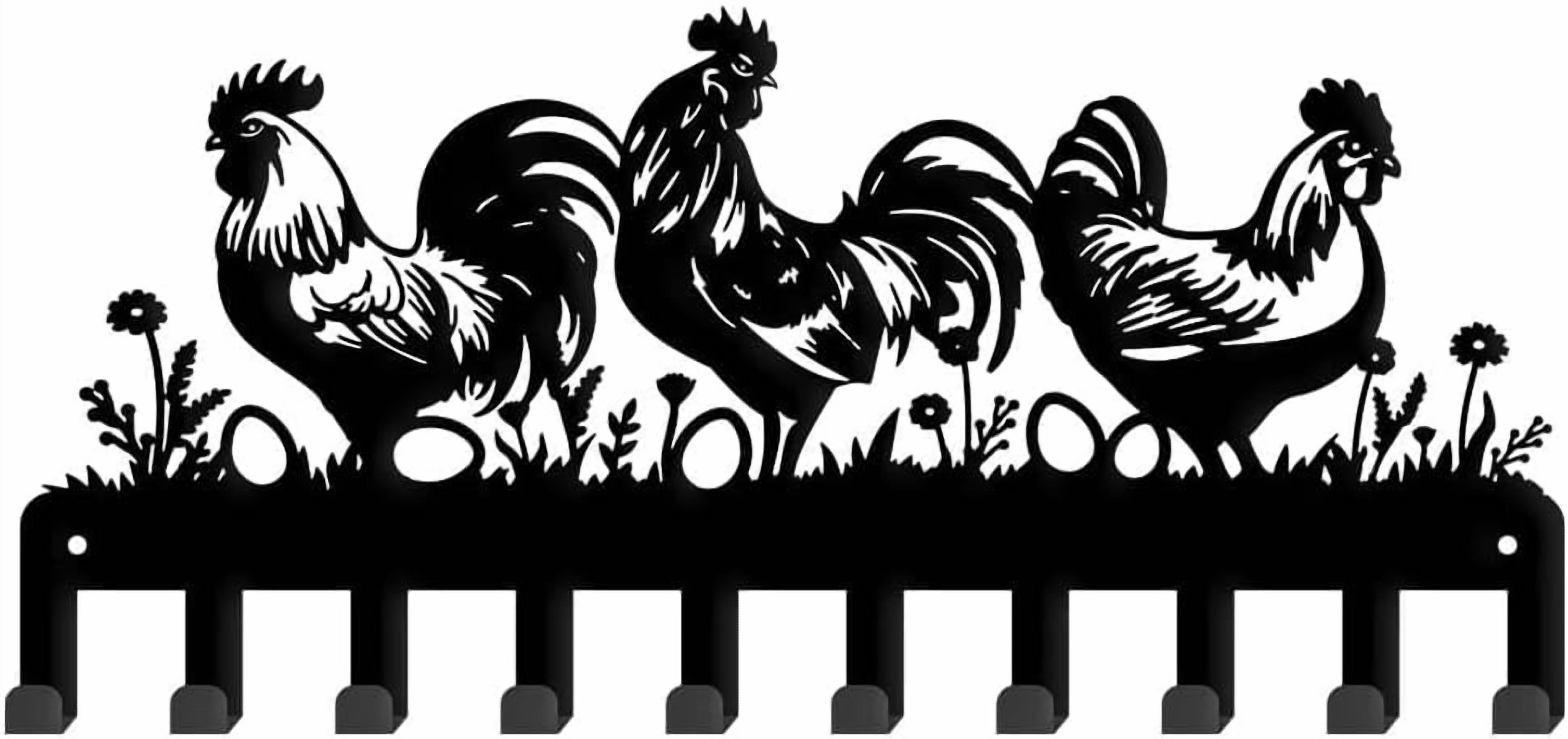 Roaster Key Rack Grass Rooster Metal Key Holder Rooster Eggs Decorative 10 Hooks Black ...