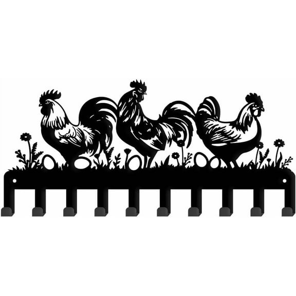 Grass Rooster Metal Key Holder Rooster Eggs Decorative 10 Hooks Black Key Rack Organizer Wall Mounted Rack Hooks Kitchen Wall Decor Key Hanger Dog Leash Hanger for Farmhouse Wall Front Door