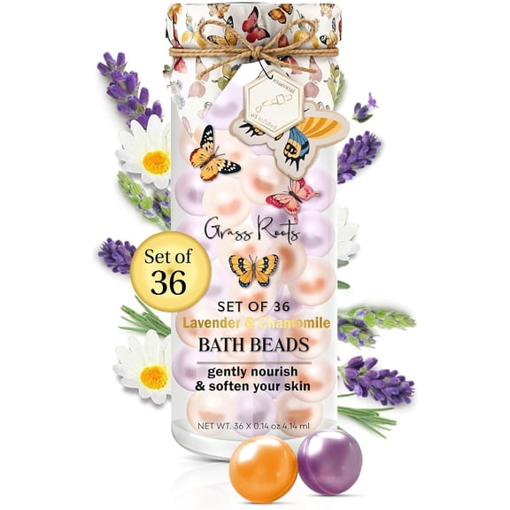 Grass Roots Bath Oil Beads Set of 36 - Lavender & Chamomile Scented Essential Soaked Pearls to Gently Nourish Soften Skin Luxurious Experience
