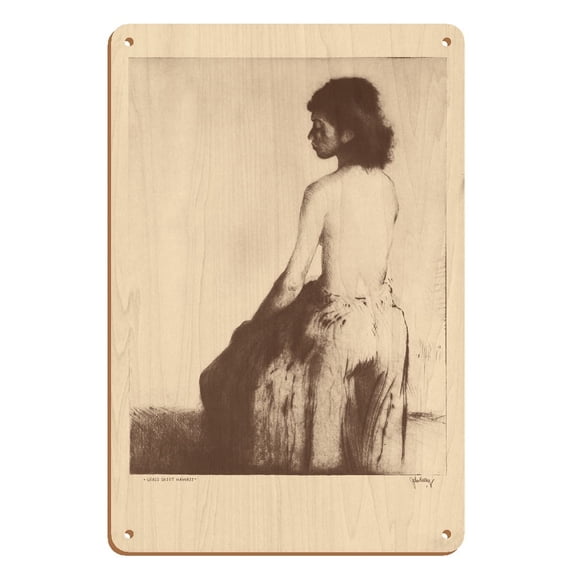 Grass Skirt Hawaii - Topless Native Girl - from Etchings and Drawings of Hawaiians - Vintage Drypoint Etching by John Melville Kelly c.1928 - 8 x 12 inch Vintage Wood Art Sign