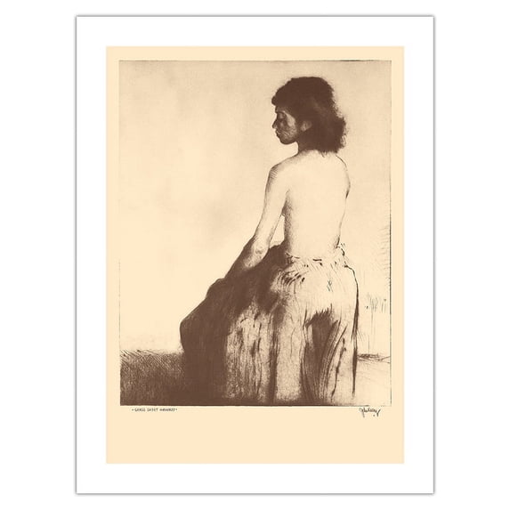 Grass Skirt Hawaii - Topless Native Girl - from Etchings and Drawings of Hawaiians - Vintage Drypoint Etching by John Melville Kelly c.1928 - Bamboo Fine Art 290gsm Paper Print (Unframed) 18x24in