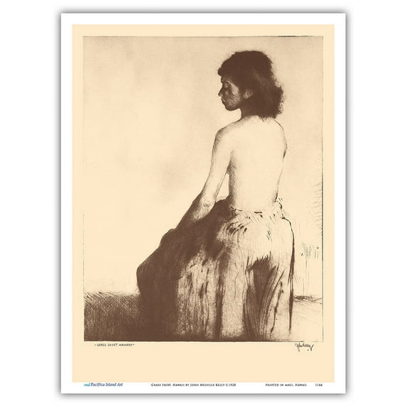 Grass Skirt Hawaii - Topless Native Girl - from Etchings and Drawings of Hawaiians - Vintage Drypoint Etching by John Melville Kelly c.1928 - Master Art Print (Unframed) 9in x 12in