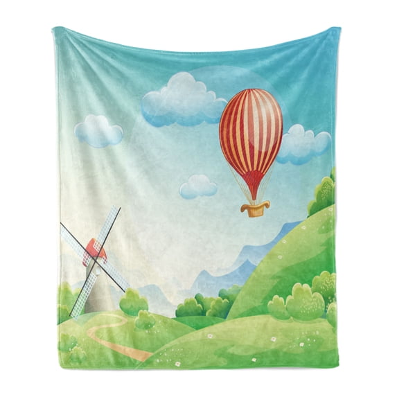 Grass Soft Flannel Fleece Blanket, Summer Season with Mill and Hot Air Balloon Nursery Style Cartoon Design Illustration, Cozy Plush for Indoor and Outdoor Use, 60" x 80", Multicolor, by Ambesonne