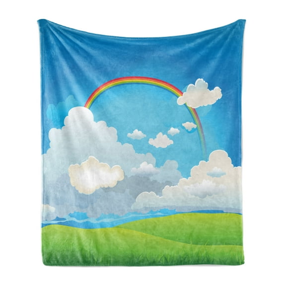 Grass Soft Flannel Fleece Throw Blanket, Rainbow and Lonely Tree Illustration on Hills Cartoon Composition Summer Pattern, Cozy Plush for Indoor and Outdoor Use, 50" x 60", Multicolor, by Ambesonne