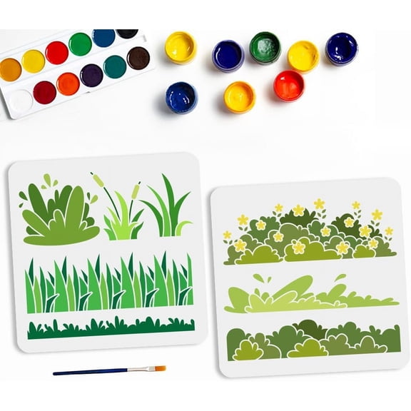 Grass Stencil Set 11.8 x 11.8 inch 8 Meadow Patterns with Paint Brush Reusable Template for Wall Furniture White DIY