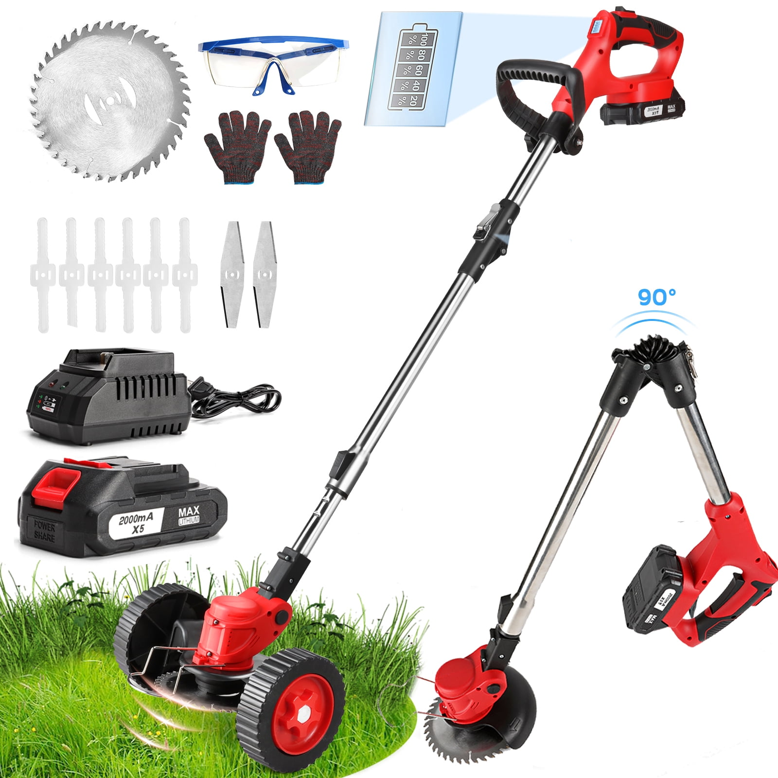 Electric Grass Trimmer, 3 in 1 Full Functional Lawn Mower Batteries Powered  2 Wheel Telescopic Weed Eater Cordless Rechargeable String Trimmer 850W