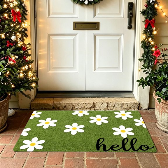 Grass green Daisy Blossom Hello Script Print Polyester Doormat,Multi‑Size,Entryway Indoor Home Decor