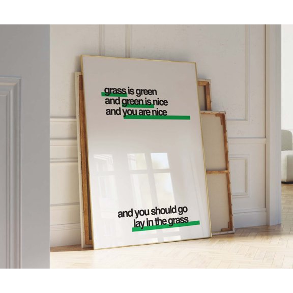 Grass is Green Aesthetic Vintage Style Typography Art, Stretched Canvas 12x16in