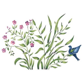 Grass with Bird and Flowers Wall Stencil 1412 by Designer Stencils
