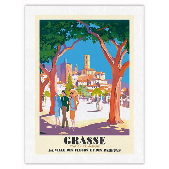 Grasse France - The City of Flowers and Perfumes - PLM French Railways - Vintage Railroad Travel Poster by Roger Broders c.1930 - Japanese Unryu Rice Paper Art Print (Unframed) 18 x 24 in