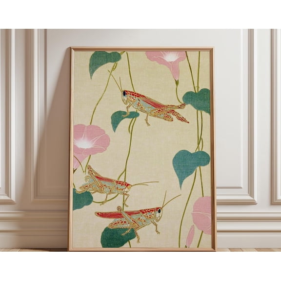 Grasshopper Botanical Insect Wall Art, Unframed Paper Poster 16x20in