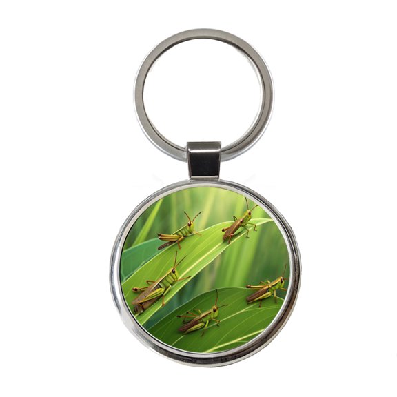 Grasshoppers On Leaves Metal Round Keychain