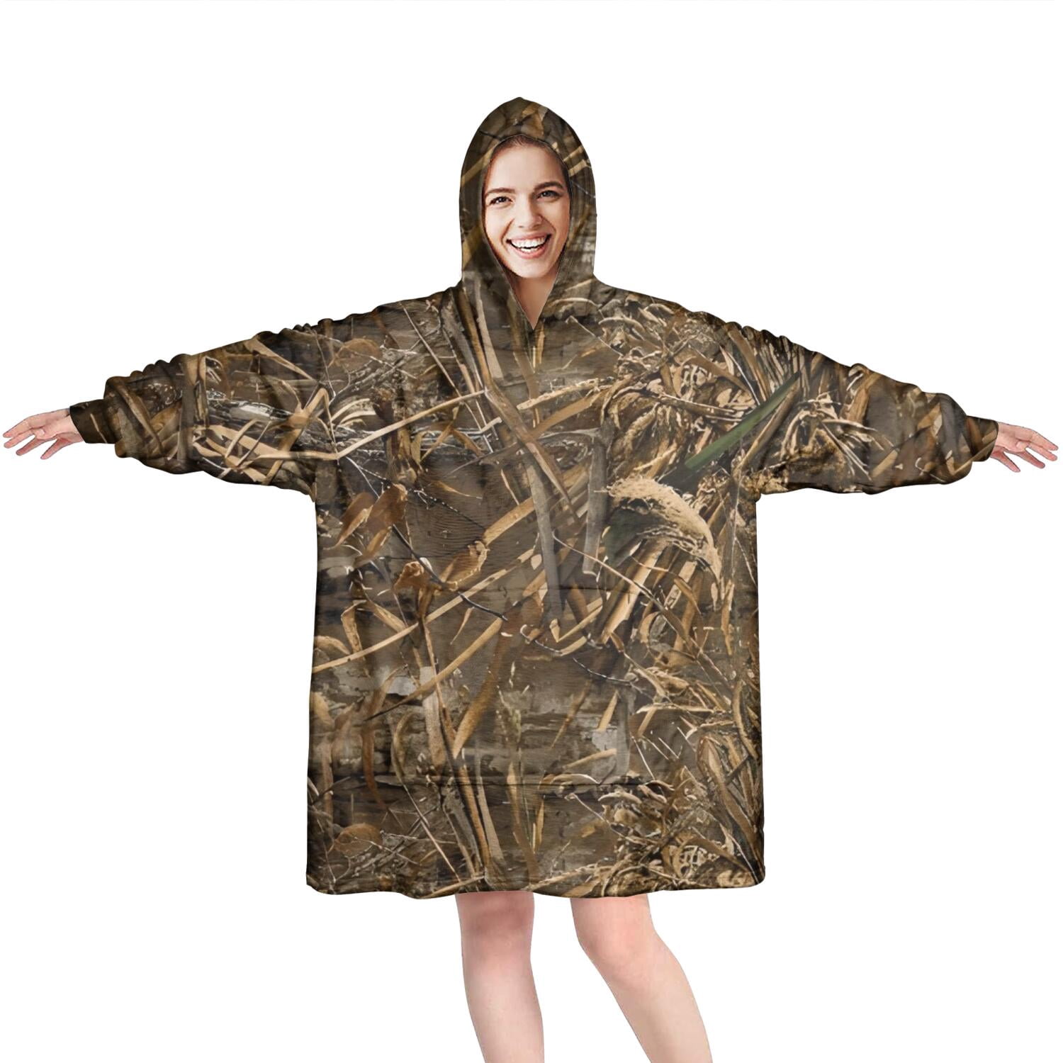 Grassland Camo Brown Plants Pattern Wearable Oversized Blanket,Wearable Blanket Hoodie for Adults,Cozy Hooded Blankets with Super Pockets,Super Warm Fuzzy Pullover for Women & Men