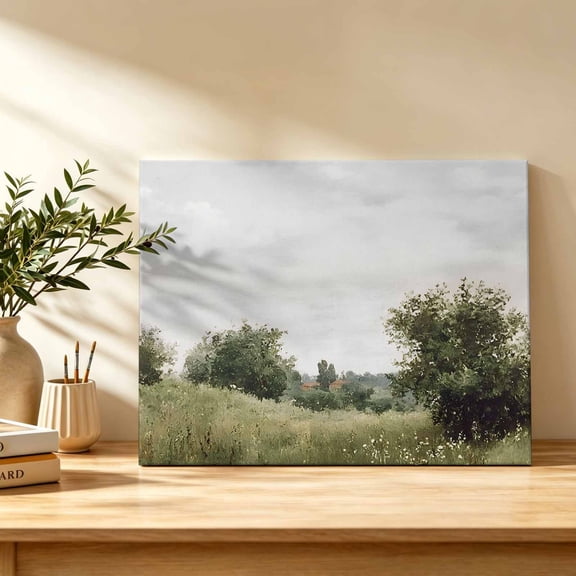 Grassland Field Canvas Wall Art, Rustic Farmhouse Green Shrub Cloud Sky Landscape Wall Art Prints Artwork Framed Canvas Ready to Hang Art Pictures for Bathroom, Dressing Table, Entryway 12" x 8"