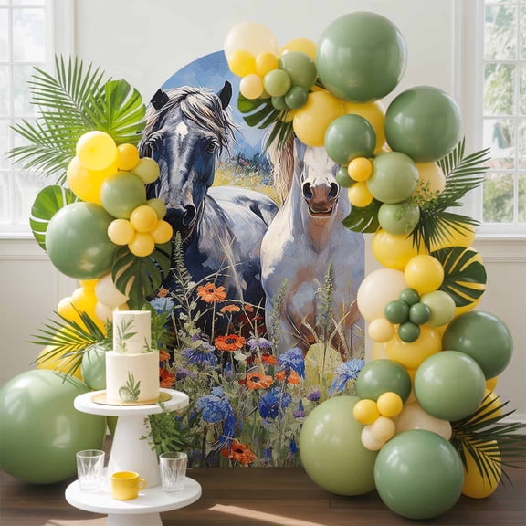 Grassland Mustang Arch Backdrop Cover, 5FT, Oil Painting Texture Spandex Arch Covers Double-Sided Backdrop for Wedding Birthday Party Photo Background Decoration