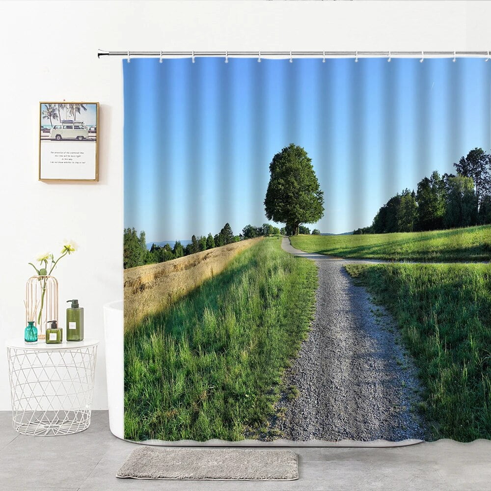 Grassland Road Pavement Blue Sky And White Clouds 3D Print Shower