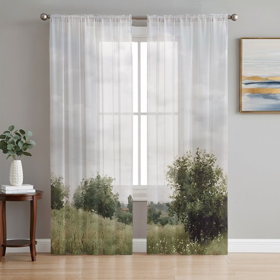 Grassland Sheer Curtains 84 Inch Length 2 Panels Set, Farmhouse Pastoral Landscape Voile Window Treatment Rod Pocket Curtains Sheers Drapes for Bedroom/Living Room/Kitchen 52"x84"x2