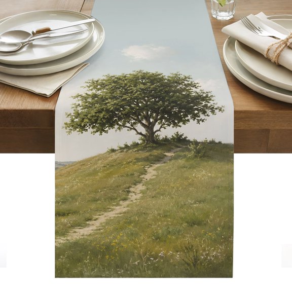 Grassland Table Runner Farmhouse Tree Natural Meadow Hills Landscape Tablerunners 13 x 90 Inch, Table Decorations Tabletop Scarf for Summer Gathering Holiday Farmhouse Kitchen Dining Decor