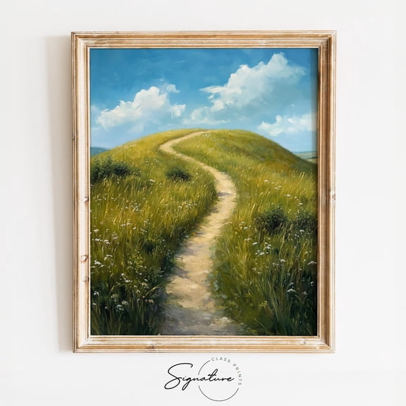 Grassy Hill with Dirt Path, Rustic Landscape, Wide Meadow Scene, Cottagecore Summer Decor, Wall Art 3889 Unframed Paper Print