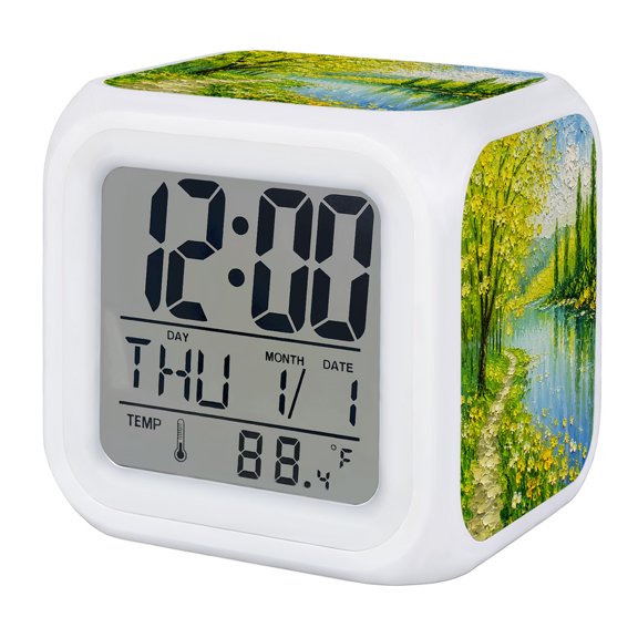 Grassy Path Digital Alarm Clock for Bedrooms,Smart LED Alarm Clock with 7 Color Changing Night Light,Rustic River Wildflowers Trees Retro Oil Painting Silent Wake Up Clocks for Sleep Study 3.2"x3.2"