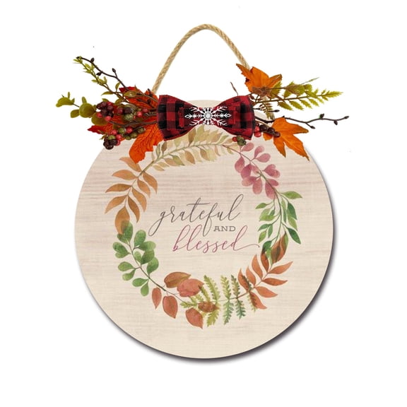 Grateful And Blessed Sign for Front Door Hanging Seasons Sign Outdoor Rustic Round Wood Wreaths Wall Decor Farmhouse Porch Wreaths Decorations Housewarming Gift
