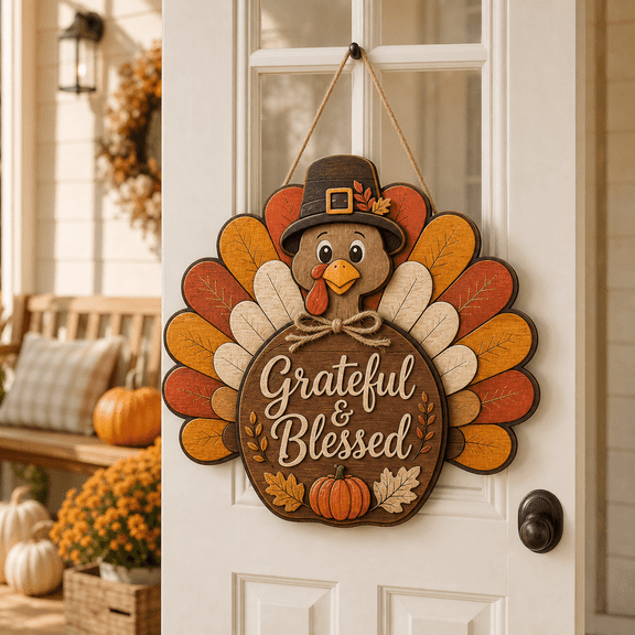Grateful Autumn Turkey Wooden Door Sign for Thanksgiving Entryway