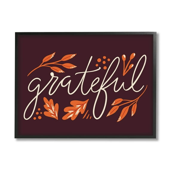 Grateful Autumnal Leaves Phrase Holiday Graphic Art Black Framed Art Print Wall Art