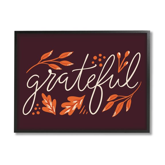 Grateful Autumnal Leaves Phrase Holiday Graphic Art Black Framed Art Print Wall Art