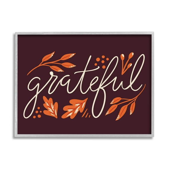 Grateful Autumnal Leaves Phrase Holiday Graphic Art Gray Framed Art Print Wall Art