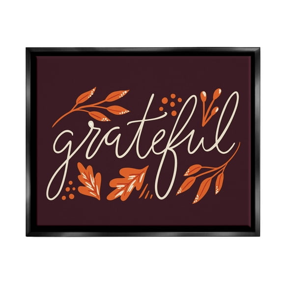 Grateful Autumnal Leaves Phrase Holiday Graphic Art Jet Black Framed Art Print Wall Art