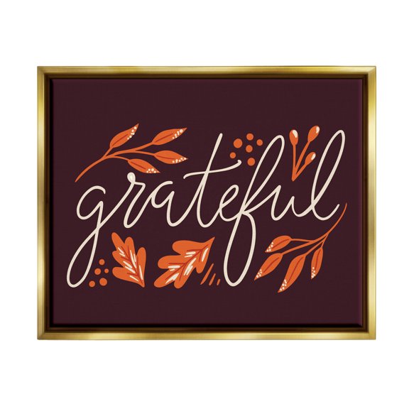 Grateful Autumnal Leaves Phrase Holiday Graphic Art Metallic Gold Framed Art Print Wall Art